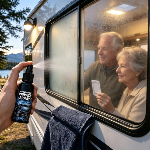 Hand spraying Glass Frosting Spray 30ml Translucent Portable Privacy Agent on RV window for privacy.