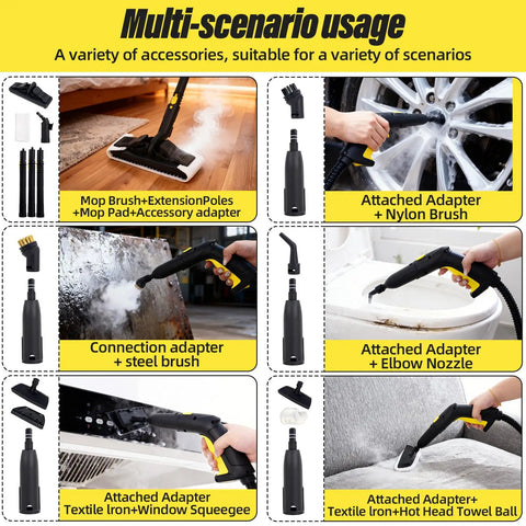 Multi-scenario usage image showcasing Heavy Duty Rolling Steam Mop With 1800W Beast Mode Power And 2 Liter Tank with various attachments.