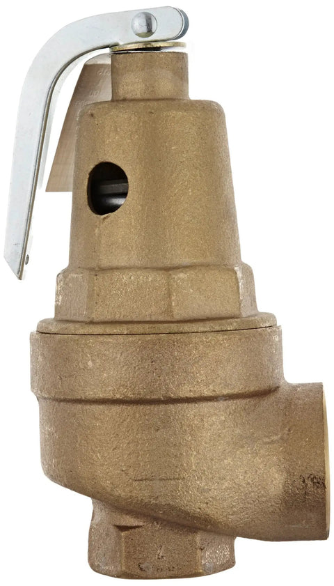 Bronze Safety Relief Valve 1-Inch NPT Female Inlet and 1-1/4-Inch Outlet, 100 PSI Set Pressure, ASME Hot Water Rated, 250F Max Temp, Corrosion-Resistant Bronze Body, Built Tough For Boiler And Water Heater Systems, side view
