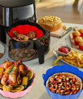 3-Pack Reusable Silicone Air Fryer Liners, 8.5 Inch Fits 3.5 To 8.5 Qt Baskets, Food Grade BPA Free, Nonstick, red liner in use