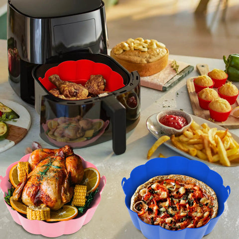 3-Pack Reusable Silicone Air Fryer Liners, 8.5 Inch Fits 3.5 To 8.5 Qt Baskets, Food Grade BPA Free, Nonstick, red liner in use
