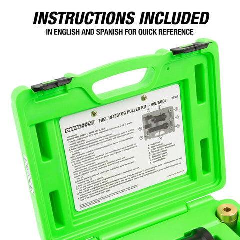 Shop Ready Pro Grade Fuel Injector Removal Tool Kit For VW And Audi 2.0T Engines Injector Puller Set with instructions inside green case