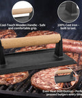 Cast iron grill press with wooden handle on burgers, part of 42 Piece Griddle Accessories Kit For Blackstone And Camp Chef Pro Flat Top Grilling Tools Set.