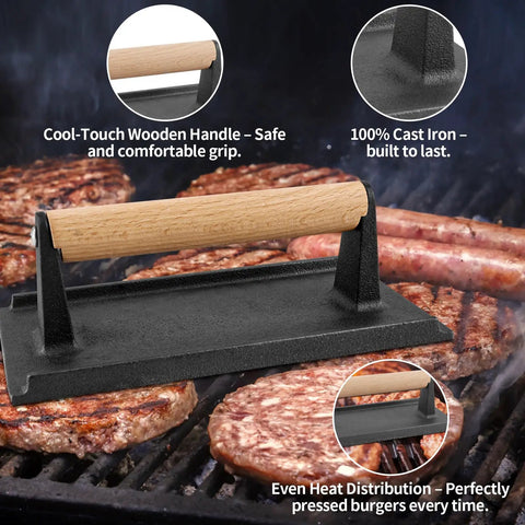 Cast iron grill press with wooden handle on burgers, part of 42 Piece Griddle Accessories Kit For Blackstone And Camp Chef Pro Flat Top Grilling Tools Set.