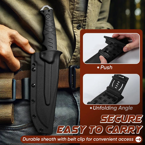 Fixed Blade Outdoor Knife With Kydex Sheath, Razor Sharp D2 Steel, Full Tang, beast of a camping and survival tool on belt