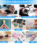 Collage showing uses of Ultra Versatile B-7000 Industrial Strength Glue for crafts, electronics, jewelry, and more, 2x50 ml