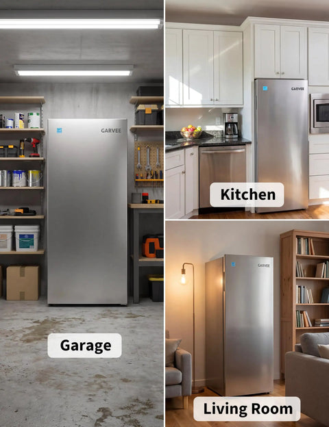 Knock Out 11 Cubic Foot Upright Freezer That Flips Into A Fridge in garage, kitchen, and living room settings, showing versatility.