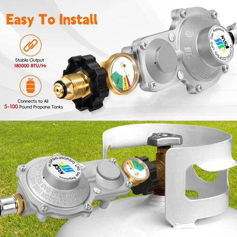 GasSaf 5ft two-stage propane regulator with hose and gauge; standard POL connection for 5-100 lb tanks.