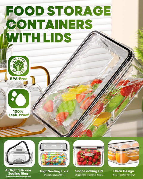 60 Piece Leak Proof Food Storage Set With Lids BPA Free Plastic Containers For Kitchen Organization, filled with fruit