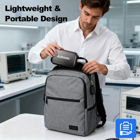 NanoVNA H4 Vector Network Analyzer V4.4 With Four Inch Hd Touchscreen 9Khz To 1.5Ghz Sweep Meter And Tough As Nails Eva Hardshell Storage Case With Heavy Duty Straps Made For Smooth Field Runs placed in a lightweight gray backpack.