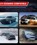 Four vehicles in diverse environments: snow, dirt, mud, and water showcasing durability for extreme conditions.