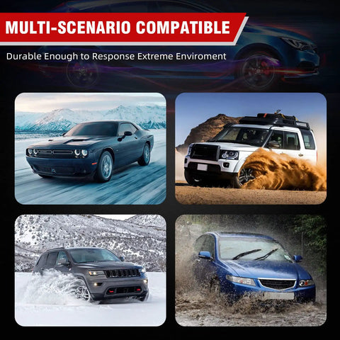 Four vehicles in diverse environments: snow, dirt, mud, and water showcasing durability for extreme conditions.