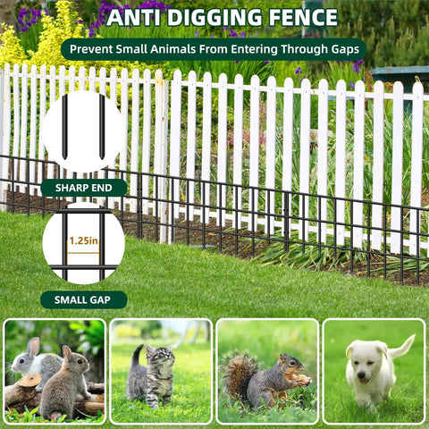 No Dig Garden Fence Kit With 30 Panels And Forty Two And A Half Feet Total Length Keeps Dogs And Rabbits Out Rustproof Anti Digging Barrier showcasing 1.25in small gap.
