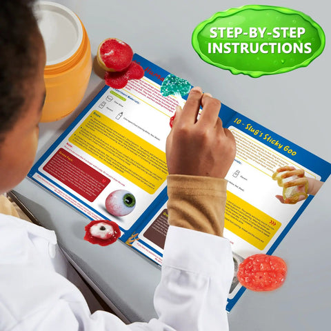 Child using Gross Science Kit For Kids 75 Plus Experiments Slime Chemistry Set With Brain Dissection And Poop Experiments booklet
