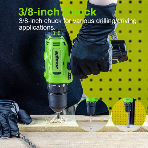 Person using a cordless drill kit with 12V power drill, battery, and charger; lightweight compact design with three eighth inch chuck.