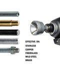 External Deburring Chamfer Tool With HSS Blade For No Fuss Burr Cleanup Quick Release Shank Fits One Eighth To Three Quarters Inch Drills Deburring Bit For Burr Removal Easy And Cost Effective Edge Cleanup And Bolt Repair on a drill next to various threaded rods and text showing effectiveness on stainless, copper, fiberglass, mild steel, brass.