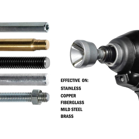 External Deburring Chamfer Tool With HSS Blade For No Fuss Burr Cleanup Quick Release Shank Fits One Eighth To Three Quarters Inch Drills Deburring Bit For Burr Removal Easy And Cost Effective Edge Cleanup And Bolt Repair on a drill next to various threaded rods and text showing effectiveness on stainless, copper, fiberglass, mild steel, brass.