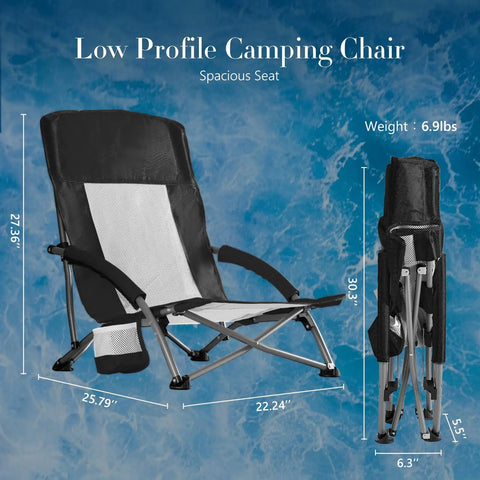 Low Profile Camping Beach Chair With Cup Holder, Storage Pocket, Breeze Mesh Back, Padded Armrests, unfolded and folded view