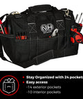 Heavy Duty 16 Inch Tool Tote With 24 Pockets And Wide Mouth, Jumbo Caddy with various tools in exterior pockets