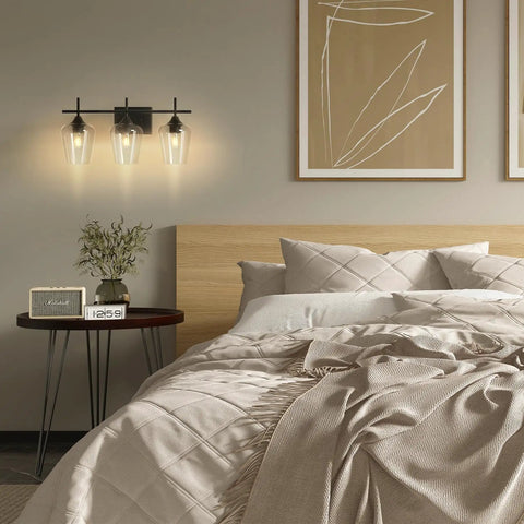Three Light Black Vanity Light Over Mirror With Clear Glass Shades Sleek Modern Industrial Bathroom Wall Fixture in bedroom