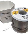 Wire Solder 0.031 Inch Diameter Sn60Pb40 60/40, 1 Lb Spool With Flux, Yellow Label next to a Kester box