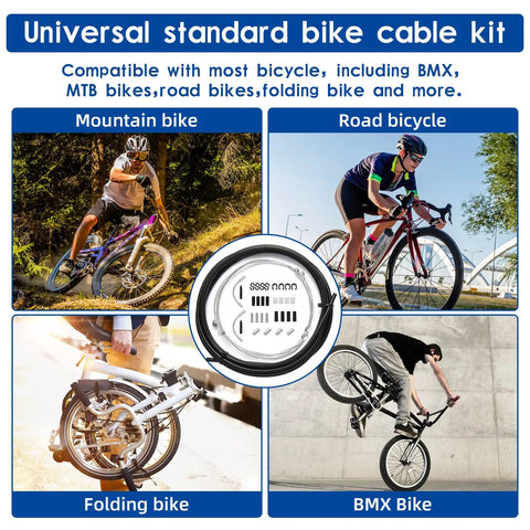 Bike Brake Cable And Shift Derailleur Cable Kit With Housing For Front And Rear Bikes Fits Mountain And Road Cycles Includes 2 Meter Cable Housing 4mm Inner Cables End Caps And O Rings For Quick Repair DIY Ready, shown with mountain, road, folding, and BMX bikes.