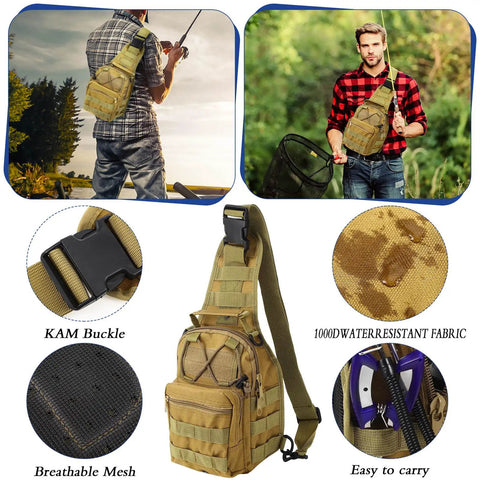 Complete 482 Piece Fishing Tackle Backpack Kit With Lures Hook Remover Lip Gripper And Gear Set Tackle Box Storage Sling Bag Ready For Any Outing Great Gift For Men Khaki, featuring a khaki sling bag with multiple compartments and a durable strap.