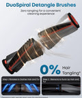 Close-up of robot vacuum brushes with zero tangle design showcasing DuoSpiral Detangle Brushes technology.