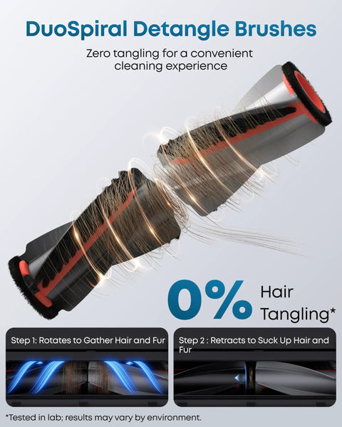 Close-up of robot vacuum brushes with zero tangle design showcasing DuoSpiral Detangle Brushes technology.