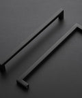 Two pieces of 10 Inch Black Cabinet Pulls Set for Kitchen and Bath, Square Metal Drawer Handles, Matte Black Hardware on black background.