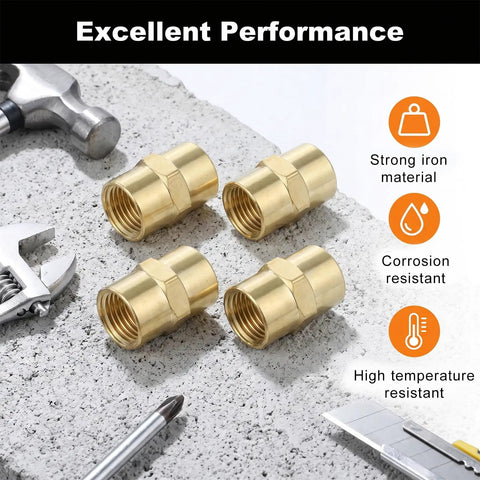 Heavy Duty 1/4 Inch NPT Female To Female Brass Hex Coupler Pipe Fitting 8 Pack Air Hose Adapter on a concrete surface with tools.