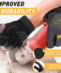 Hands wearing durable work gloves for men and women with touch screen ready fingertips, PVC and synthetic leather palm, using a grinder.