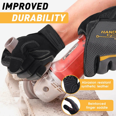 Hands wearing durable work gloves for men and women with touch screen ready fingertips, PVC and synthetic leather palm, using a grinder.