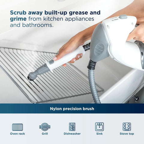 Whole Home Steam Mop With Detachable Handheld For Sealed Floors Bathroom Grout Countertops Upholstery Car Interiors cleaning a grill with a nylon brush.