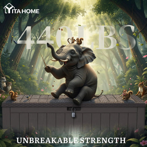 Elephant sitting on 134 Gallon Waterproof Resin Deck Box With Lock Doubles As A Two Person Bench For Patio Cushions Garden Tools And Pool Gear Tough As Nails Outdoor Storage Dark Brown UV Protected