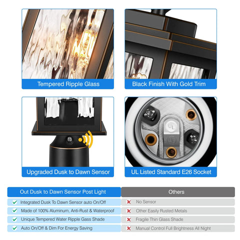 Sweet Outdoor Dusk To Dawn Post Light features tempered glass, black finish, E26 socket, and dusk-to-dawn sensor with pier mount base.