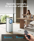 Person using remote for Windowless Portable Air Conditioner For Any Room, 26.1-Inch Evaporative Cooler No Window Needed, Black