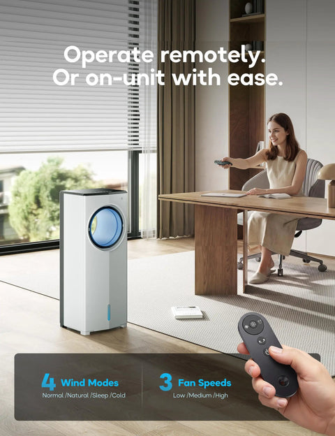 Person using remote for Windowless Portable Air Conditioner For Any Room, 26.1-Inch Evaporative Cooler No Window Needed, Black
