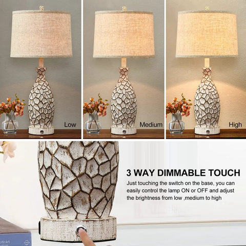 Rustic Farmhouse Bedside Lamps Set Of 2 With USB Ports And 3 Way Dimmable Lighting, White Linen Shade, 27 Inch Tall Nightstand Lamps, LED Bulbs Included, Built For Cozy Living Room Or Bedroom Vibe