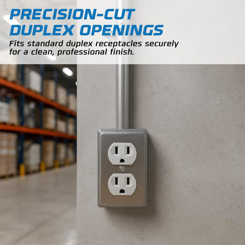 Heavy Duty Steel 4x2 Electrical Junction Boxes With Duplex Receptacle Covers Bulk Pack 10 Deep One And Seven Eighths Inches 13 Cu In Capacity Ten Knockouts Half Inch Tough And Reliable Wiring Boxes For Residential Commercial And Industrial Use installed on wall in warehouse