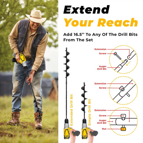 Person using All Purpose Auger Drill Bit Set For Quick Planting And Hole Digging Two Inch By Thirty Two Inch With Extension
