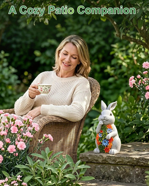 Woman enjoying tea next to Solar Garden Bunny Statue With Succulent And Seven LED Lights Lawn Decor For Patio Balcony And Yard Best Gift