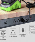 Close-up of 60 Inch Adjustable Workbench with Rubber Wood Top showing power outlets and USB ports