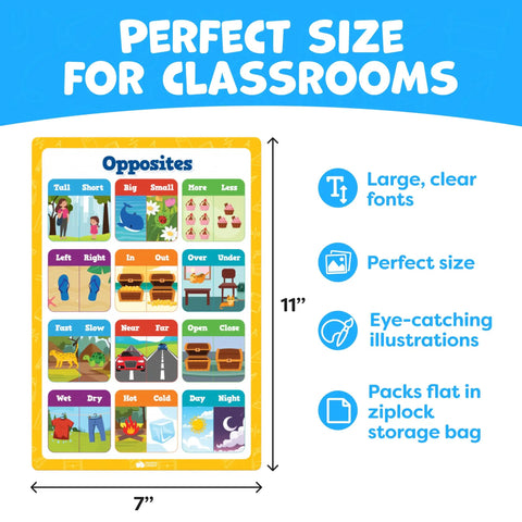 Massive 20 Poster Classroom Set 16 By 11 Inches educational poster featuring opposites with large, clear fonts and illustrations.