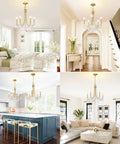 Farmhouse Crystal Chandelier For Living Room And Dining Area with five candle arms in various room settings, vintage bead crystals
