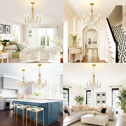 Farmhouse Crystal Chandelier For Living Room And Dining Area with five candle arms in various room settings, vintage bead crystals