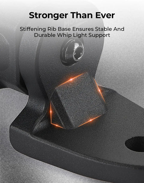 Close-up of One Piece UTV Flag And Whip Light Mounting Bracket For 1.75 To 2 Inch Roll Bar Cage with ribbed base design