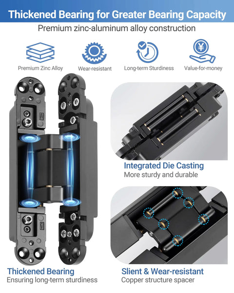 Heavy Duty Invisible Door Hinges Two Pack Slick Concealed Hardware With Rock Solid Copper Mount Smooth Swing and Dead Simple Setup showcasing thickened bearing and zinc alloy construction.