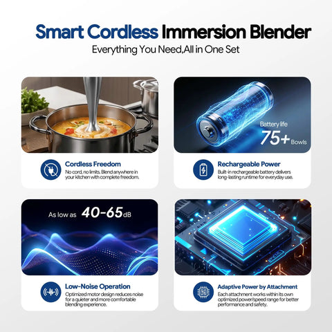 Handheld Cordless Immersion Blender With Smart Speed Settings And Whisper Quiet Motor For Easy Soup And Smoothie Blending Hassle Free Kitchen Essential Rechargeable Design shown blending soup in pot.