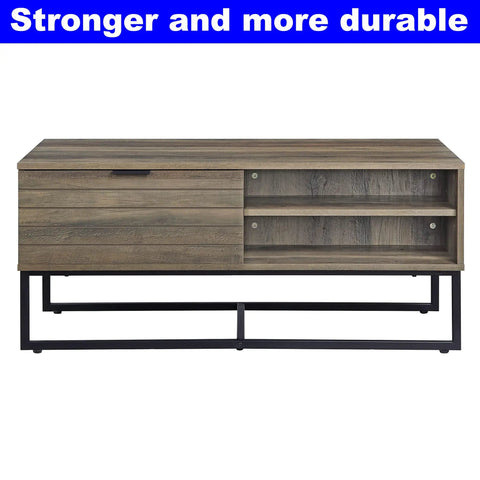 Heavy Duty Farmhouse Coffee Table With Storage Door And Two Open Shelves Industrial Rustic Cocktail Center Table For Living Room featuring solid MDF and steel legs.